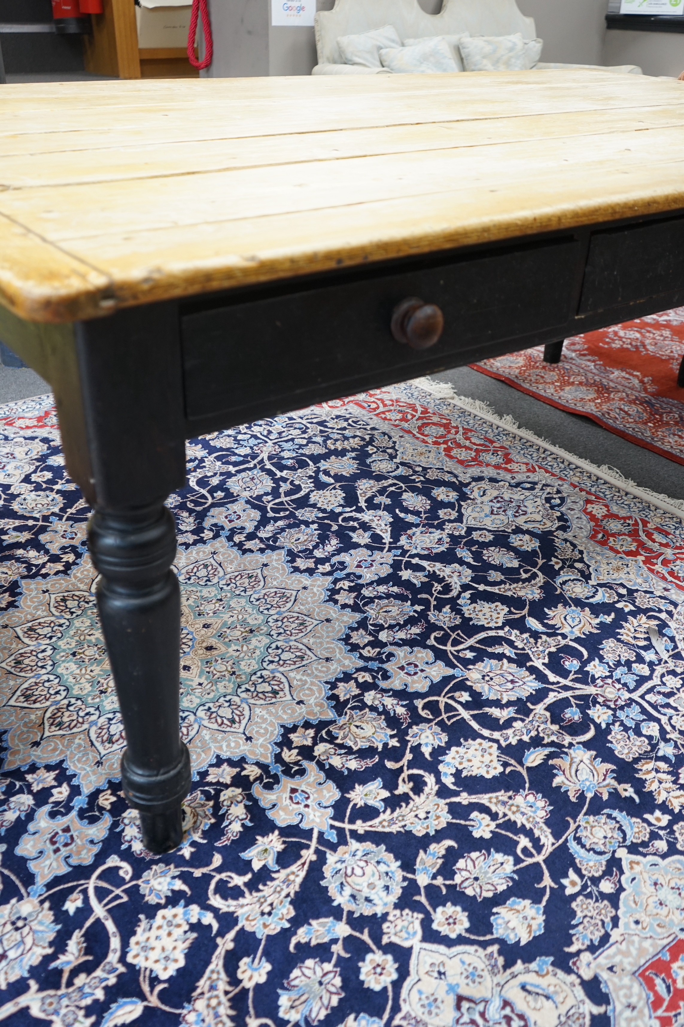 A Victorian rectangular part painted pine three drawer kitchen table, with scrubbed planked top, length 195cm, depth 112cm, height 79cm